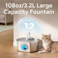 Large capacity pet water fountain with a cat sitting next to it, labeled '108oz/3.2L Large Capacity Fountain'.