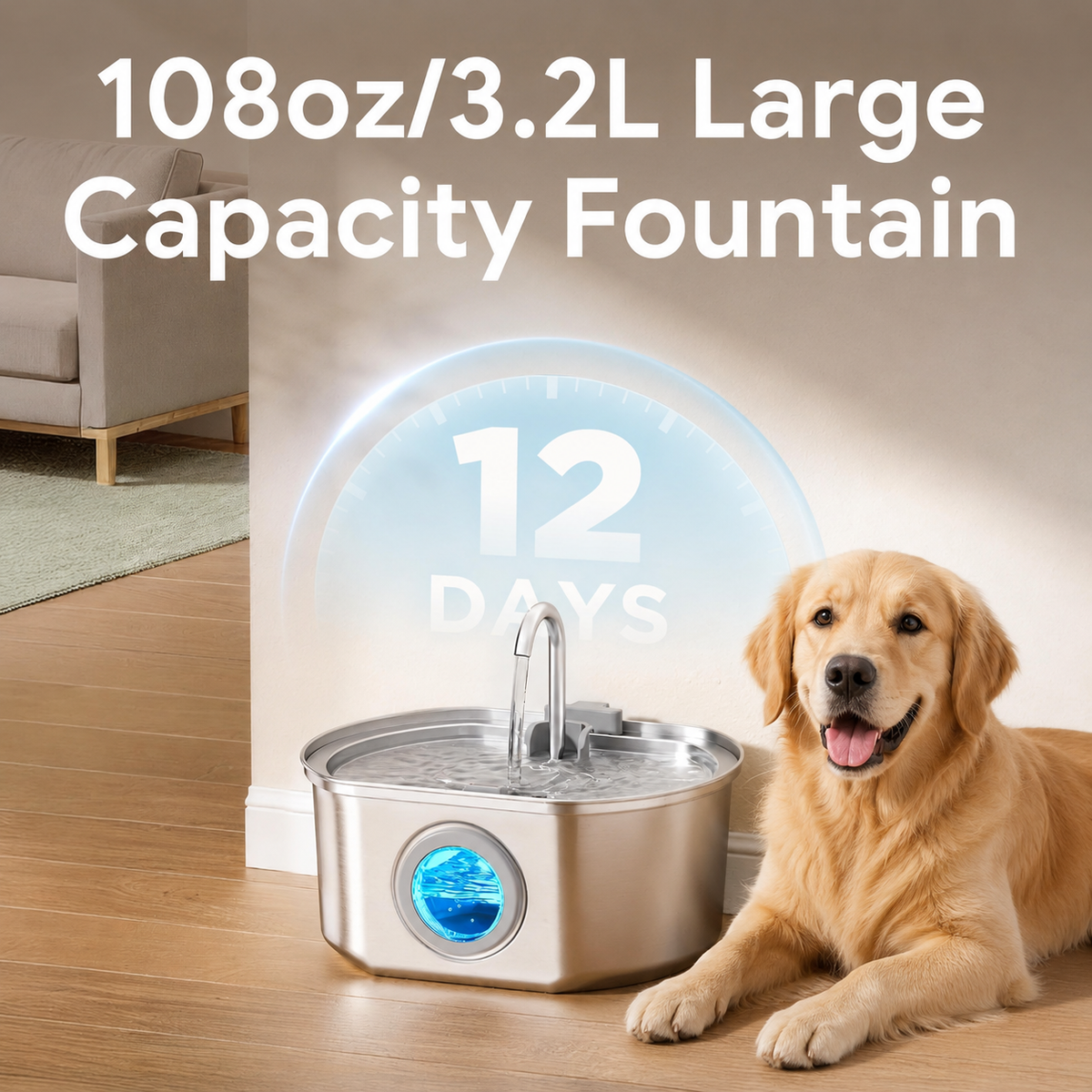 A large stainless steel pet fountain with water flowing from a faucet, shown beside a golden retriever in a living room. White text at the top reads '108oz/3.