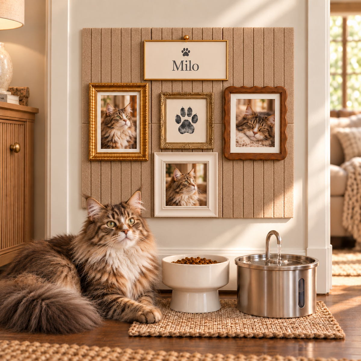 Long-haired cat beside a Khaki felt gallery wall with framed cat portraits, a paw print and Milo nameplate.
