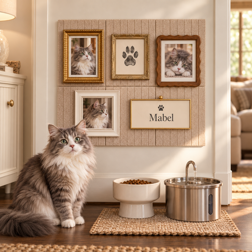 Long-haired cat beside an Oatmeal felt gallery wall with framed cat portraits, a paw print and Mabel nameplate.