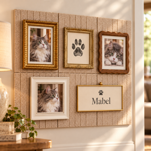 Close-up of an Oatmeal felt gallery wall with mixed frames, a cat paw print and Mabel nameplate.