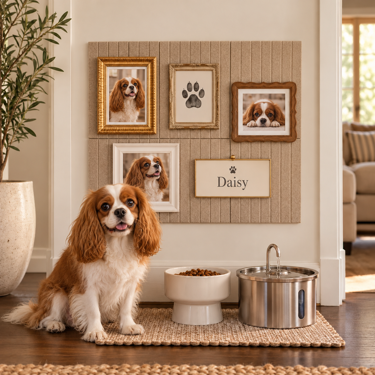 Cavalier King Charles spaniel beside a Khaki felt gallery wall with framed portraits, paw print and Daisy nameplate