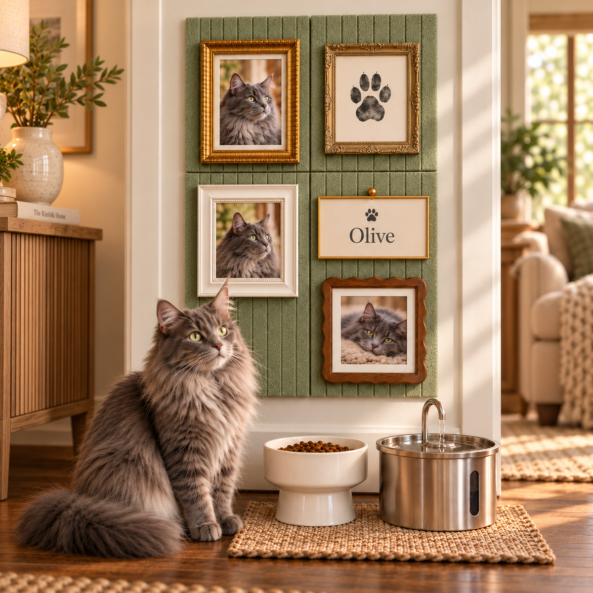 Long-haired cat beside a Sage felt gallery wall arranged three tiles high by two wide, with framed cat portraits, a paw print and Olive nameplate.