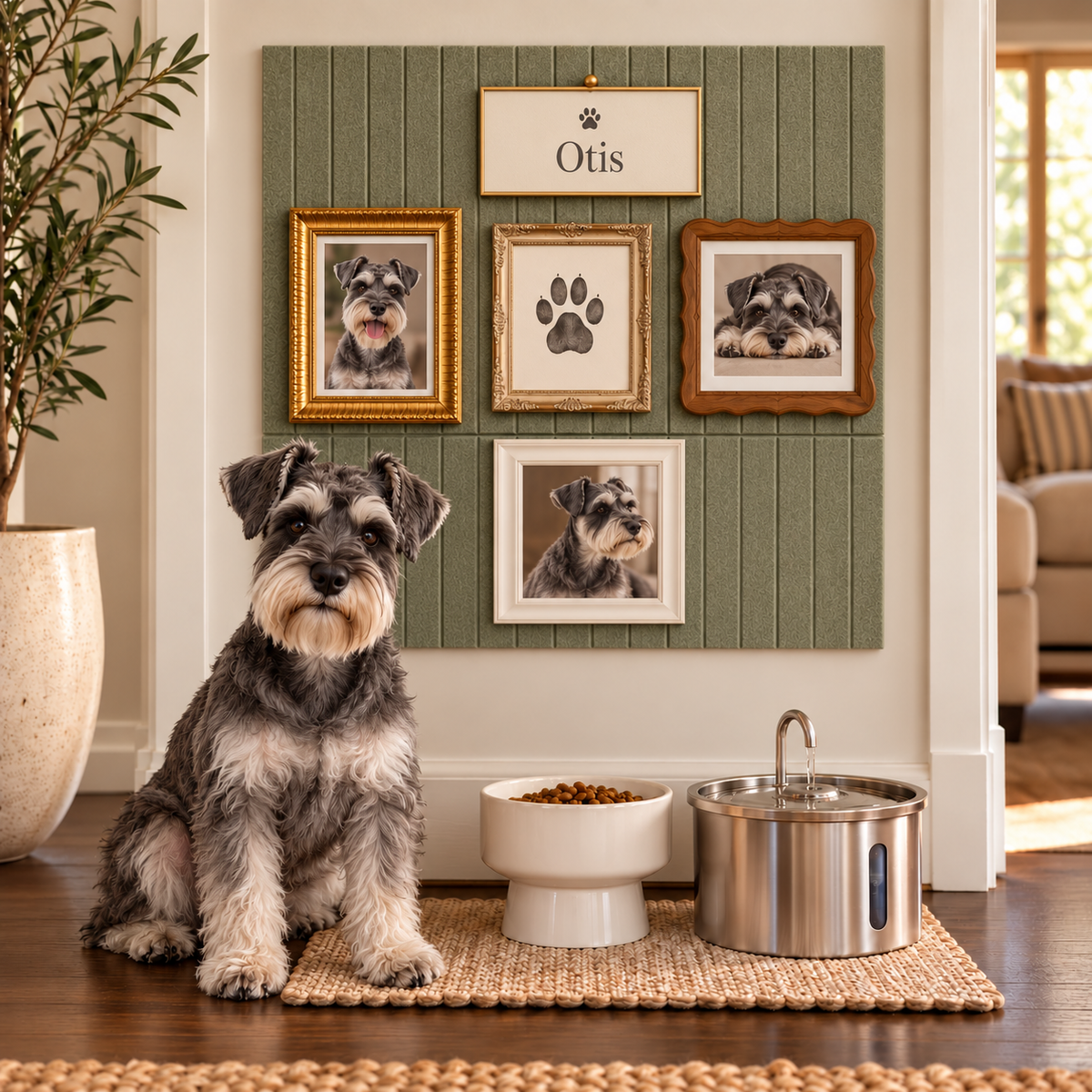 Miniature schnauzer beside a Sage felt gallery wall with framed portraits, paw print and Otis nameplate