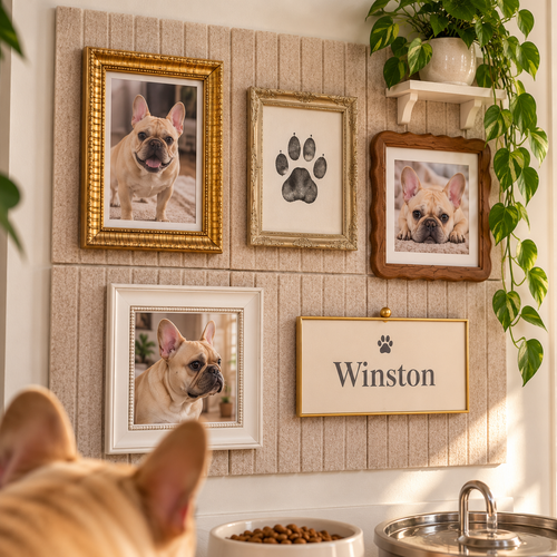 Close-up of Oatmeal felt tiles with framed French bulldog portraits, paw print and Winston nameplate