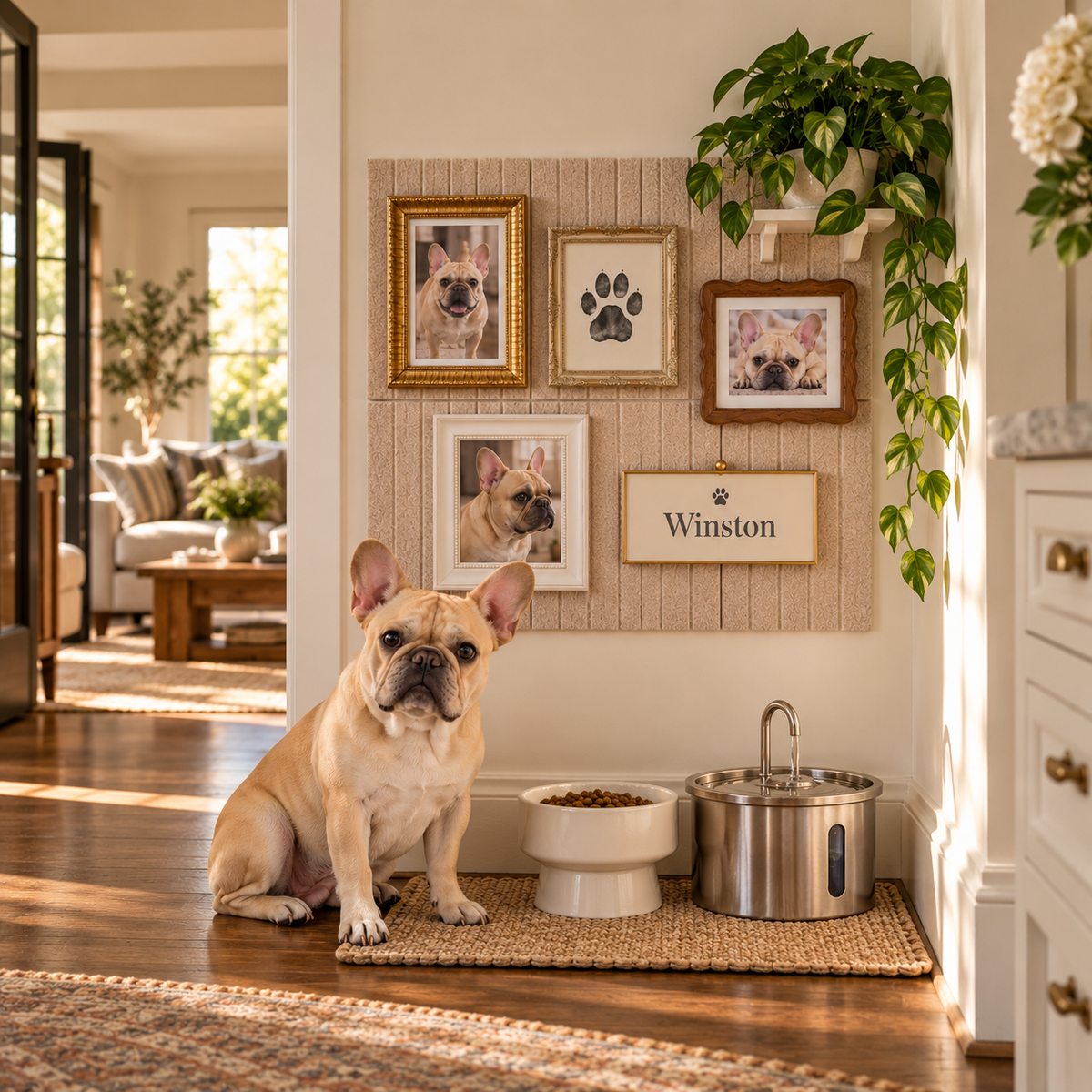French bulldog in a sunny feeding nook with bowl, water fountain and Oatmeal felt gallery wall with Winston nameplate
