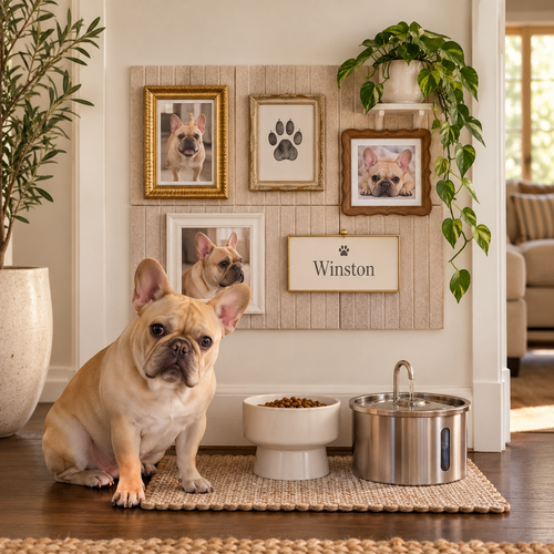 French bulldog beside an Oatmeal felt gallery wall with framed portraits, paw print and Winston nameplate