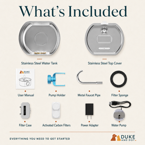 An infographic titled 'What's Included' showing the components of a robotic pet waterer. The items include a stainless steel water tank and top cover, a blue pump holder, a metal faucet pipe, a filter sponge, a filter case, activated carbon filters, a power adapter, and a water pump, all labeled on a light beige background with the Duke and Dot brand logo.